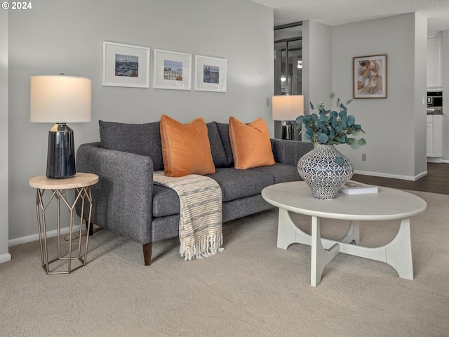 living room with a textured ceiling and carpet floors