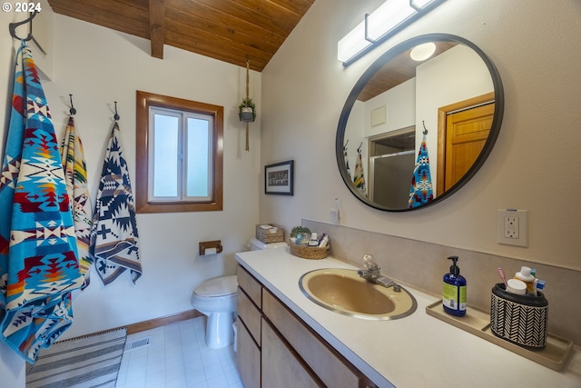 bathroom with vaulted ceiling with beams, vanity, wooden ceiling, and toilet