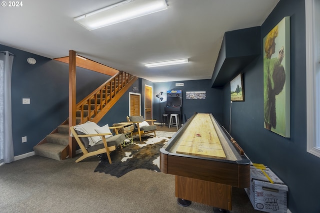 recreation room featuring carpet flooring