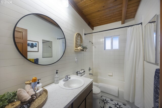 carpeted bedroom with lofted ceiling with beams and wood ceiling