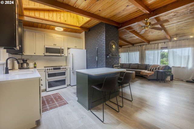 kitchen with white appliances, sink, light hardwood / wood-style flooring, wooden ceiling, and white cabinetry