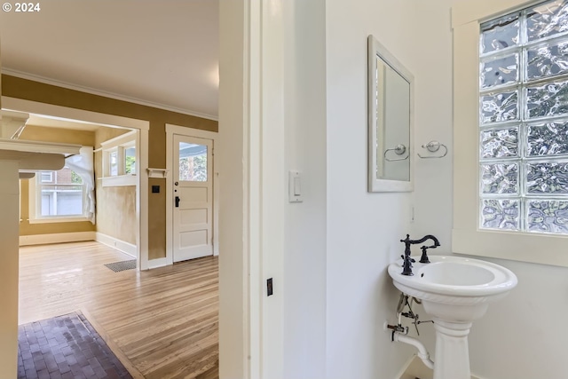 bathroom with hardwood / wood-style floors and crown molding