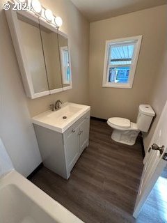 bathroom featuring vanity, wood-type flooring, and toilet