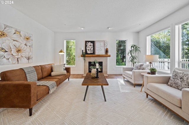 living room featuring a tiled fireplace and light hardwood / wood-style flooring