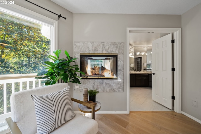 living area featuring a textured ceiling, a healthy amount of sunlight, light hardwood / wood-style floors, and a fireplace