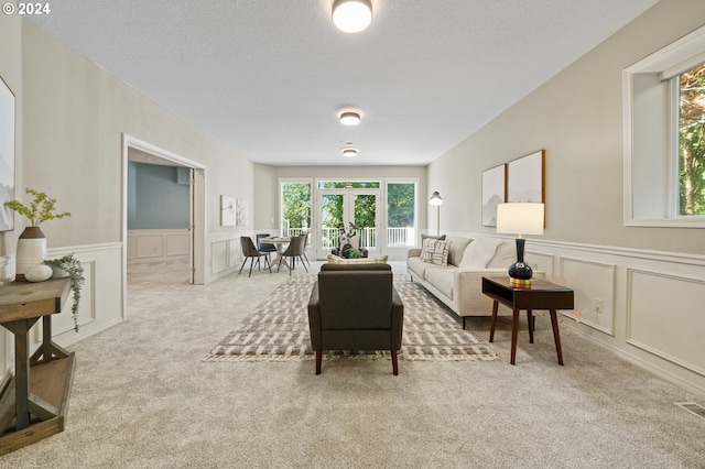 living room featuring a textured ceiling and carpet flooring