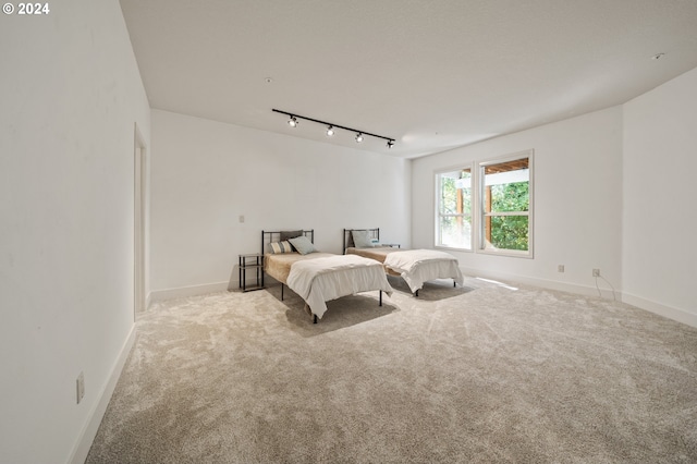 bedroom with light carpet and rail lighting