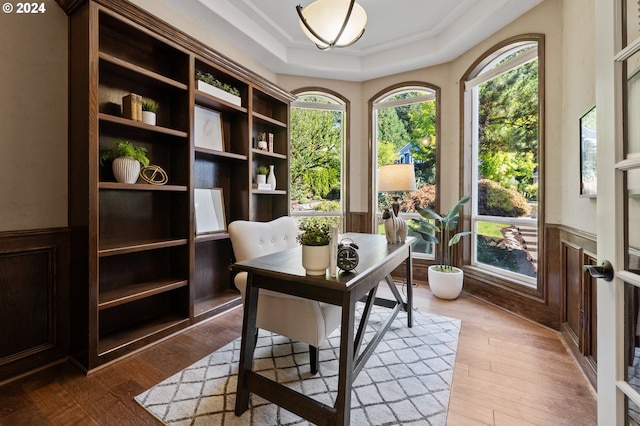 office space with a tray ceiling and hardwood / wood-style floors