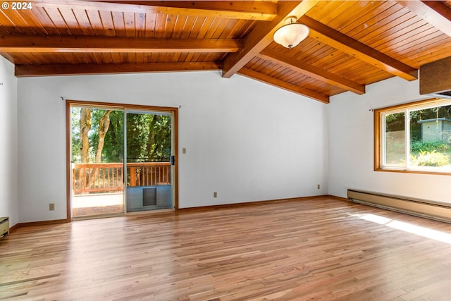 unfurnished living room featuring lofted ceiling with beams, a baseboard heating unit, light hardwood / wood-style floors, and wood ceiling