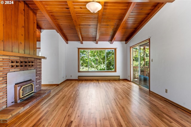 unfurnished living room with a baseboard heating unit, light hardwood / wood-style floors, and wooden ceiling