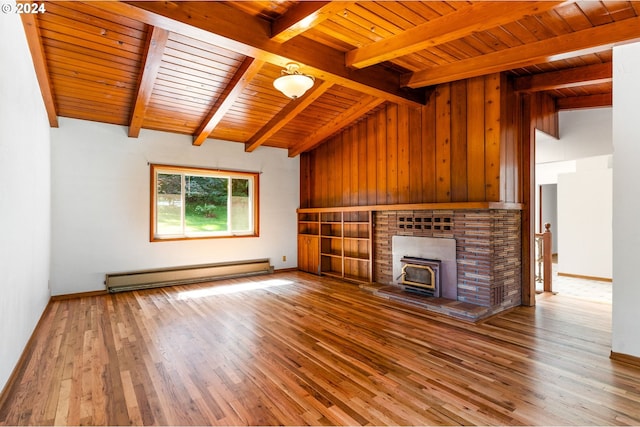 unfurnished living room featuring a baseboard radiator, wood ceiling, a wood stove, hardwood / wood-style floors, and wooden walls