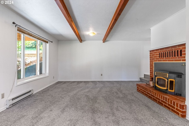 unfurnished living room with carpet, a textured ceiling, beamed ceiling, and a baseboard heating unit