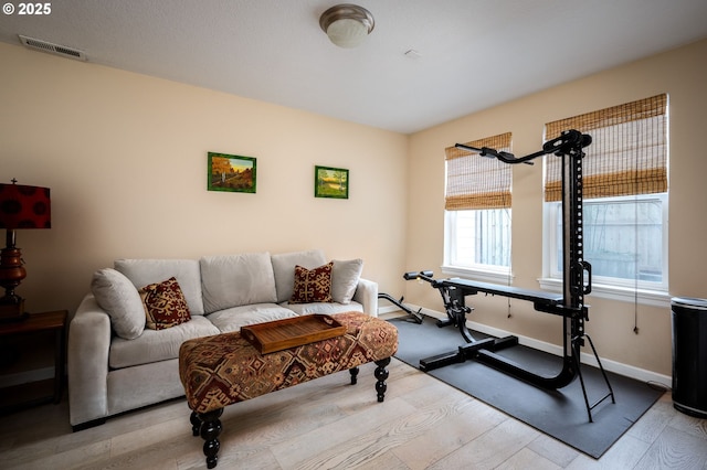 workout area featuring light hardwood / wood-style floors