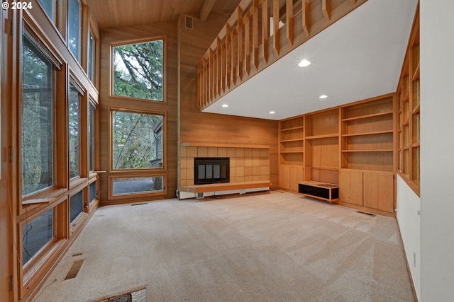 92932 Paschelke Rd, Marcola, OR 97454 - unfurnished living room featuring high vaulted ceiling, carpet floors, wooden walls, recessed lighting, and wood ceiling