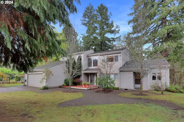 view of front of property with a garage, driveway, roof with shingles, crawl space, and a front lawn