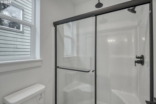 bathroom featuring toilet, plenty of natural light, and a shower with shower door