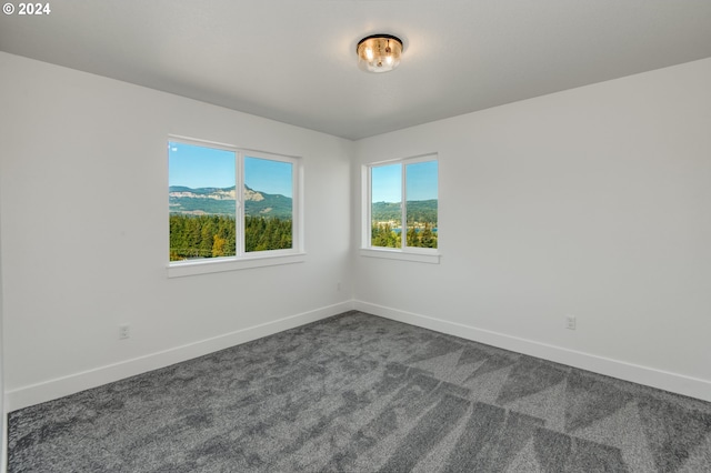 spare room with a mountain view and carpet floors