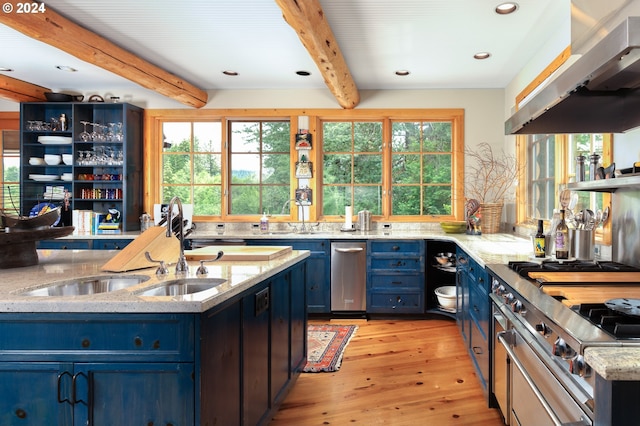 kitchen with under cabinet range hood, beamed ceiling, blue cabinetry, and a sink