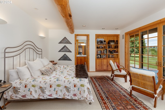 carpeted bedroom with access to exterior, beamed ceiling, and recessed lighting