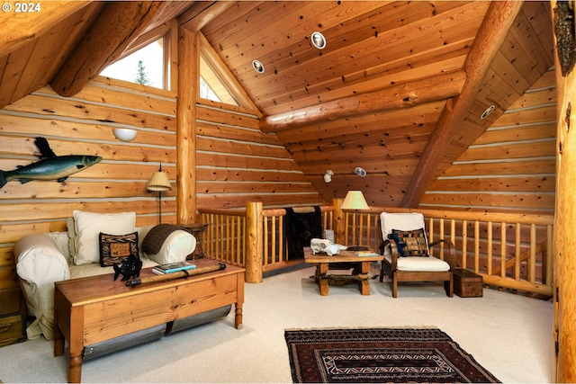 sitting room featuring rustic walls, carpet floors, high vaulted ceiling, and wooden ceiling