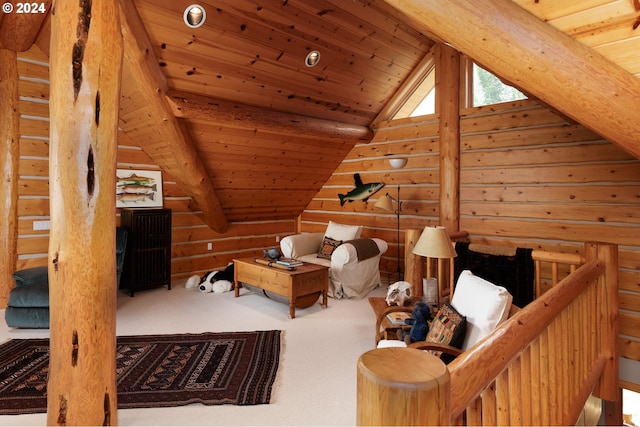 interior space with rustic walls, carpet flooring, wooden ceiling, and lofted ceiling with beams