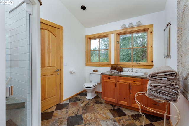 bathroom featuring walk in shower, baseboards, toilet, stone finish floor, and vanity