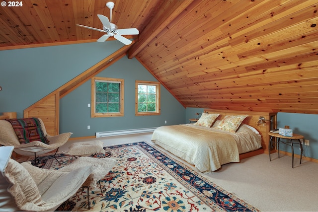 bedroom with a baseboard heating unit, lofted ceiling with beams, carpet, and wooden ceiling