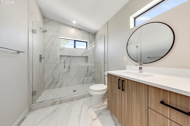 bathroom with vanity, a marble finish shower, recessed lighting, toilet, and marble finish floor