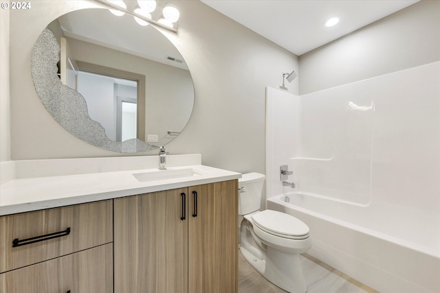 full bath with visible vents, toilet, shower / tub combination, recessed lighting, and vanity