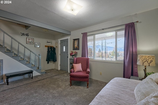 carpeted bedroom with a textured ceiling