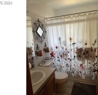 full bathroom featuring toilet, vanity, and shower / tub combo with curtain