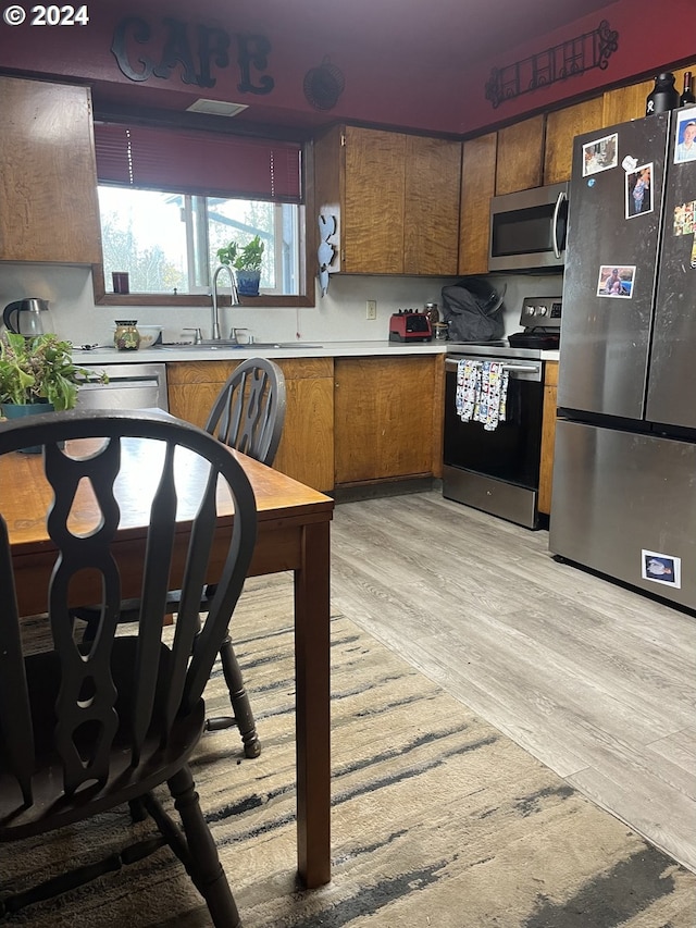 kitchen with sink, light hardwood / wood-style flooring, and appliances with stainless steel finishes