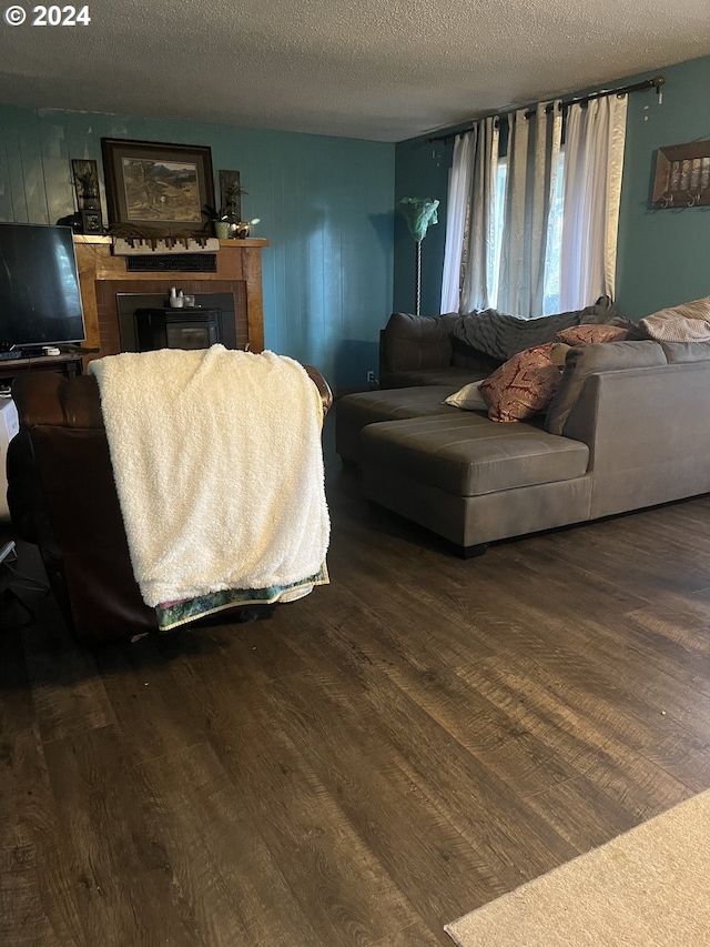 living room with a textured ceiling and dark wood-type flooring