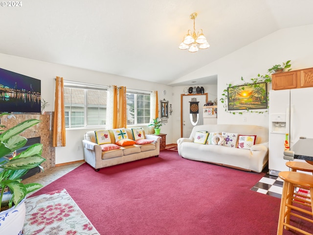 carpeted living room with lofted ceiling and a chandelier