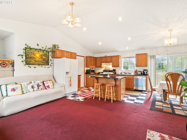 living room with lofted ceiling, carpet flooring, an inviting chandelier, and sink