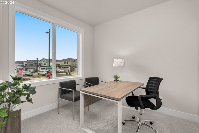 office with carpet, a residential view, and baseboards