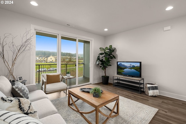 living room with dark hardwood / wood-style flooring