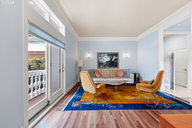 living room featuring wood-type flooring and crown molding