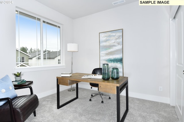 home office with light colored carpet