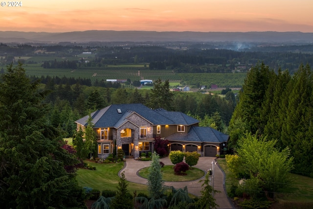 view of aerial view at dusk