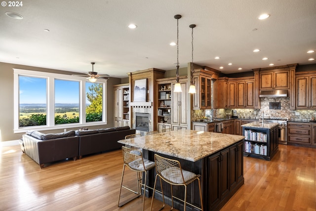 kitchen with light stone countertops, a kitchen breakfast bar, light hardwood / wood-style flooring, and a kitchen island with sink