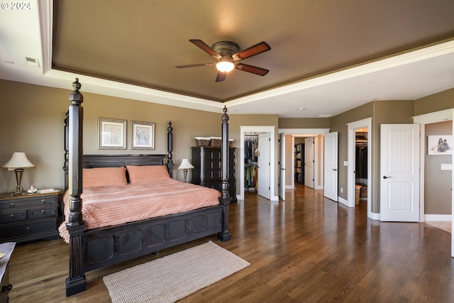 bedroom with ceiling fan, dark wood-type flooring, a tray ceiling, a walk in closet, and a closet