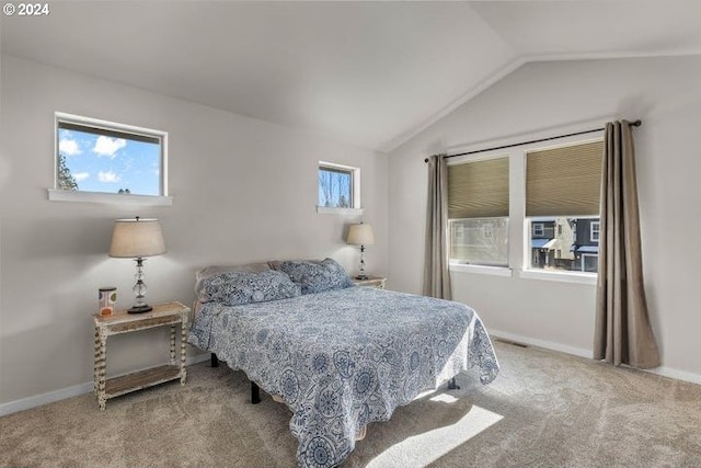 bedroom featuring carpet, multiple windows, and lofted ceiling