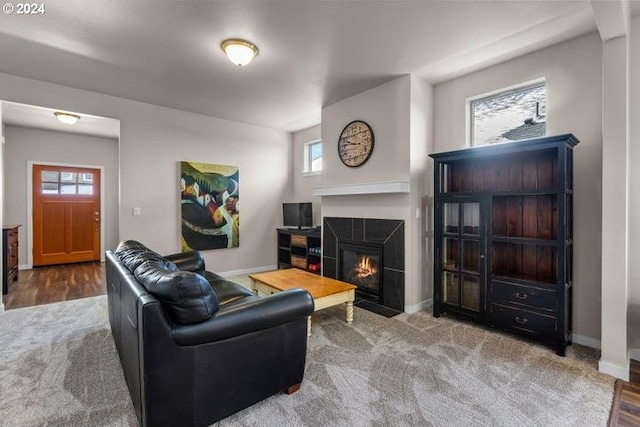 living room with hardwood / wood-style flooring and a tiled fireplace