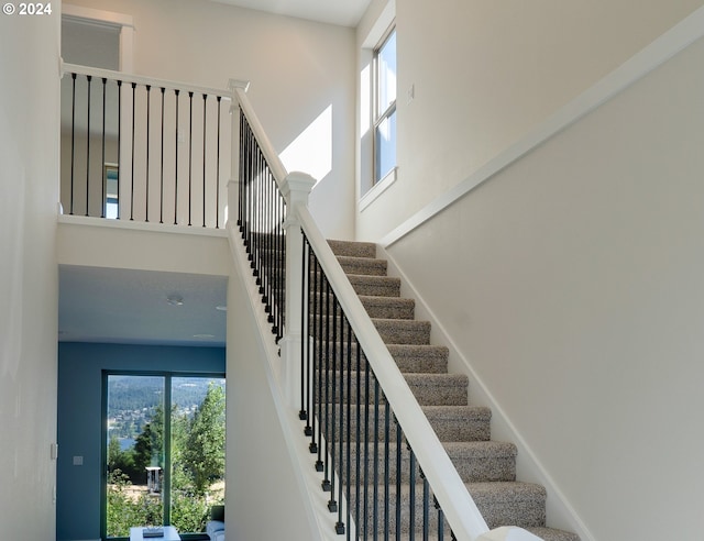 stairway with a towering ceiling