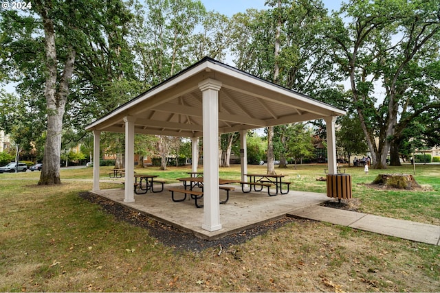 view of community featuring a lawn and a gazebo