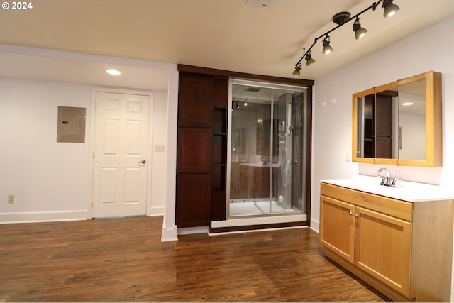 bathroom featuring wood-type flooring, vanity, and electric panel