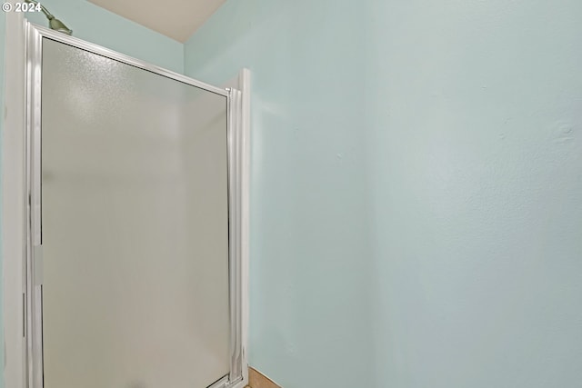 bathroom with a shower with shower door