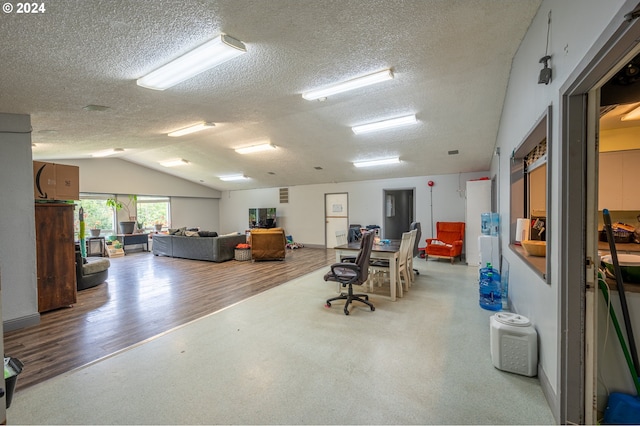 miscellaneous room featuring hardwood / wood-style flooring, a textured ceiling, and vaulted ceiling