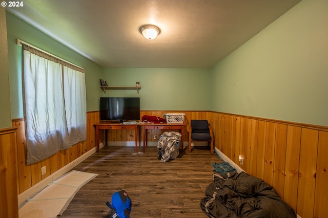 living area featuring dark hardwood / wood-style floors, a wealth of natural light, and wood walls